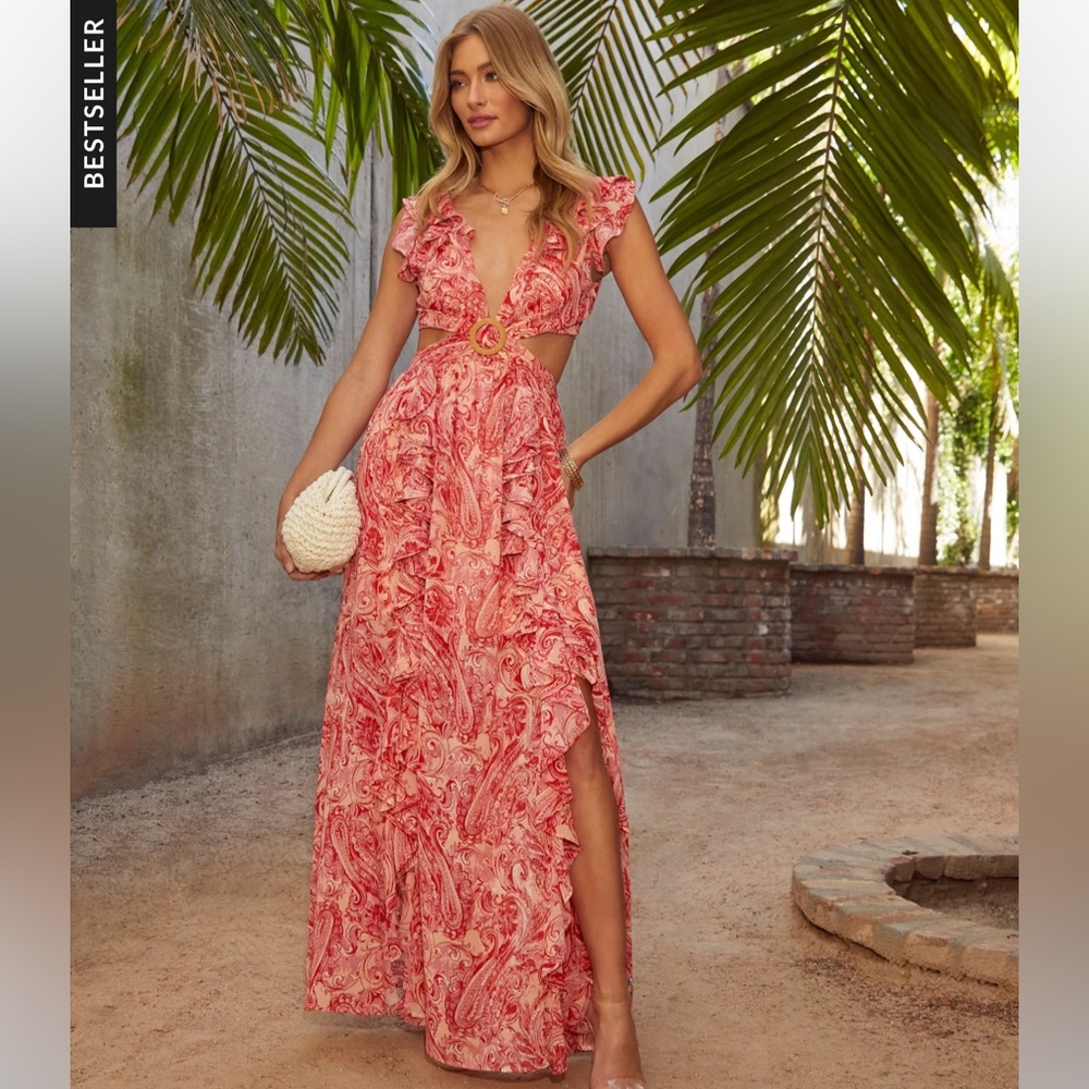 Vici Coral Pink Paisley Maxi Dress with Cutouts